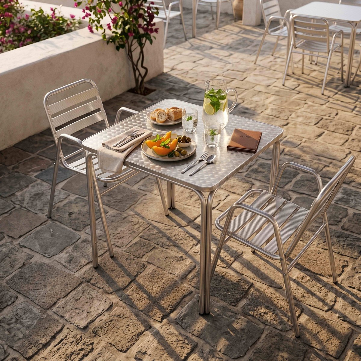 Table de jardin carrée en aluminium et 2 fauteuils, NOTTING HILL gris, OVIALA