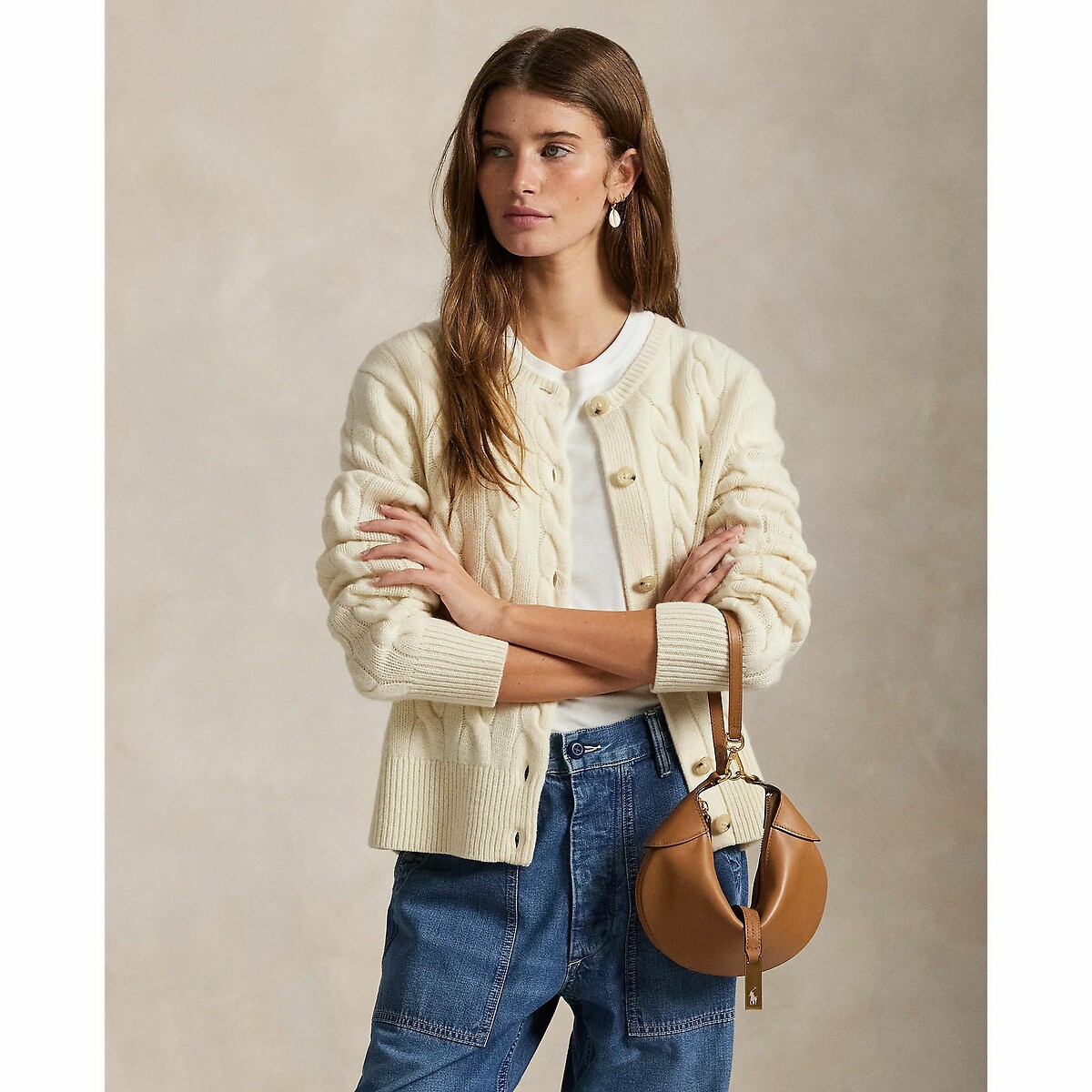Cardigan en maille torsadée, 80% laine 20% cachemire crème, POLO RALPH LAUREN