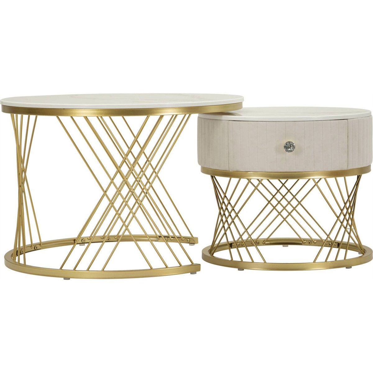 Tables basses gigognes plateau effet marbre GLAM crème et or, RECOLLECTION