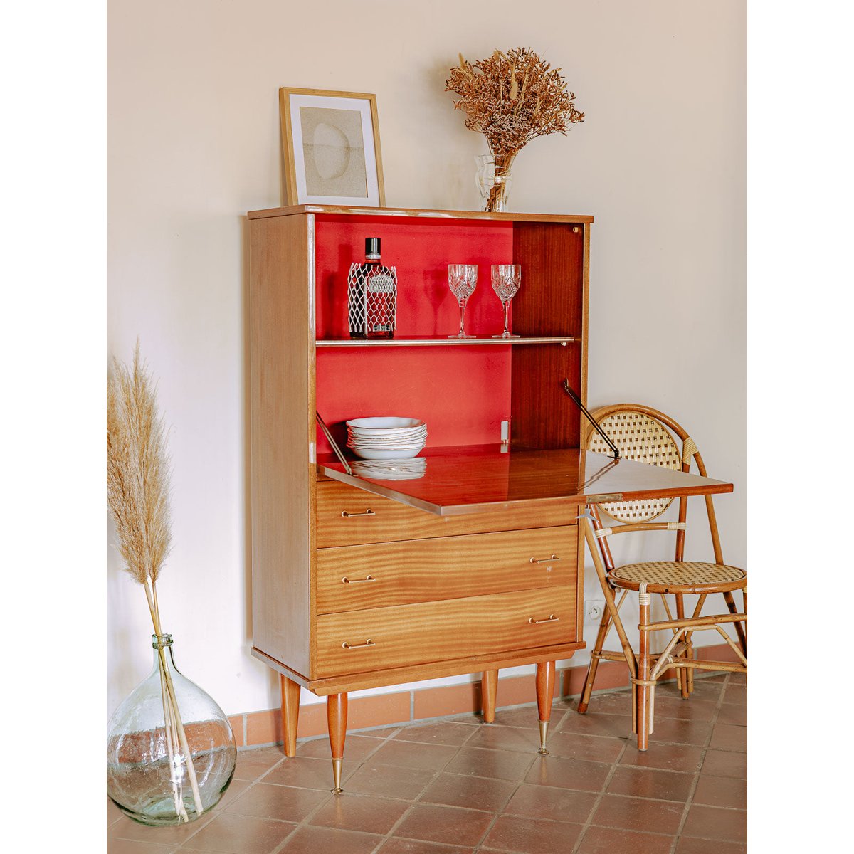 Secrétaire mid-century en bois vernis Honoré N°203 - Bon état bois clair, DEBONGOUT