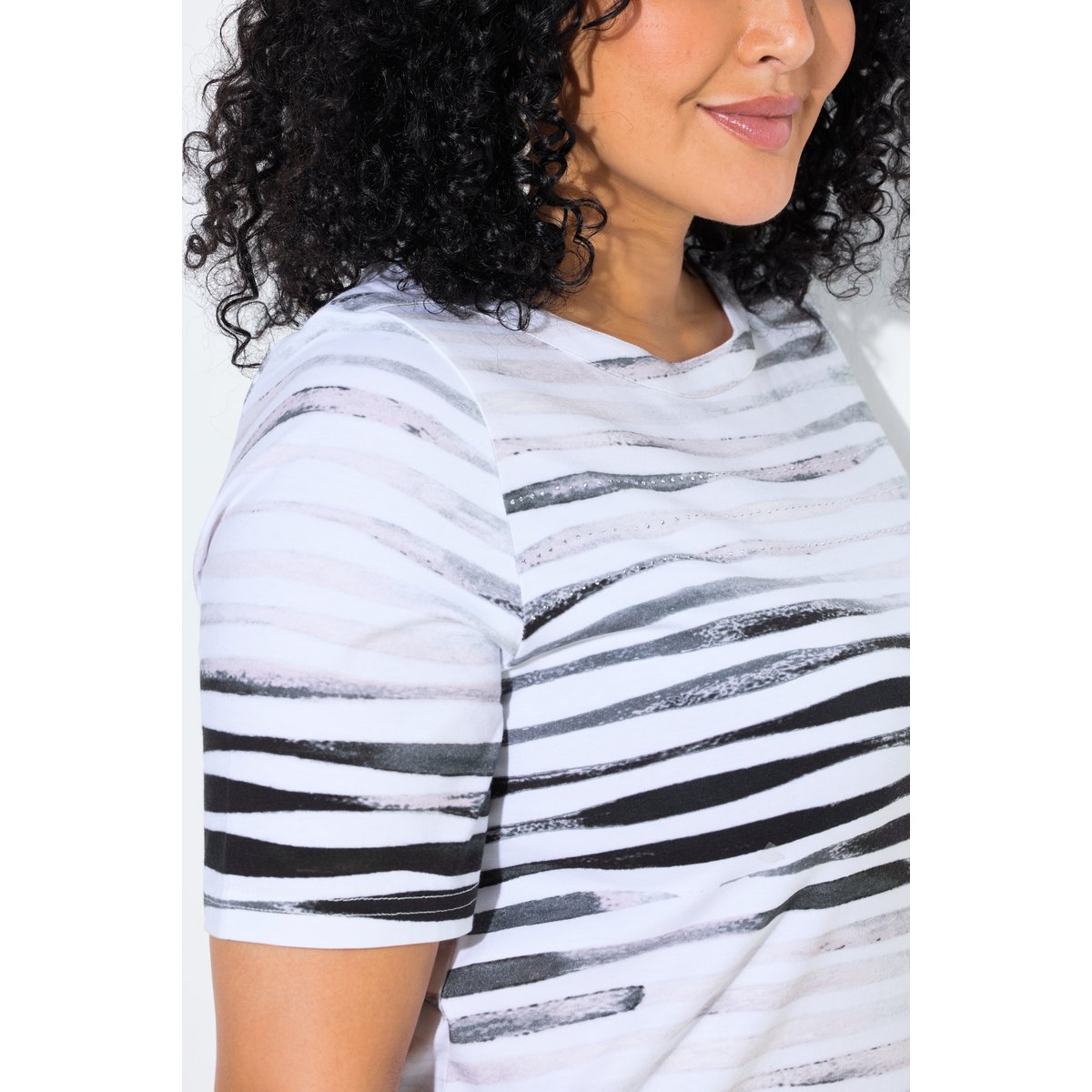 T-shirt en coton Pima, pierres fantaisie noir, ULLA POPKEN