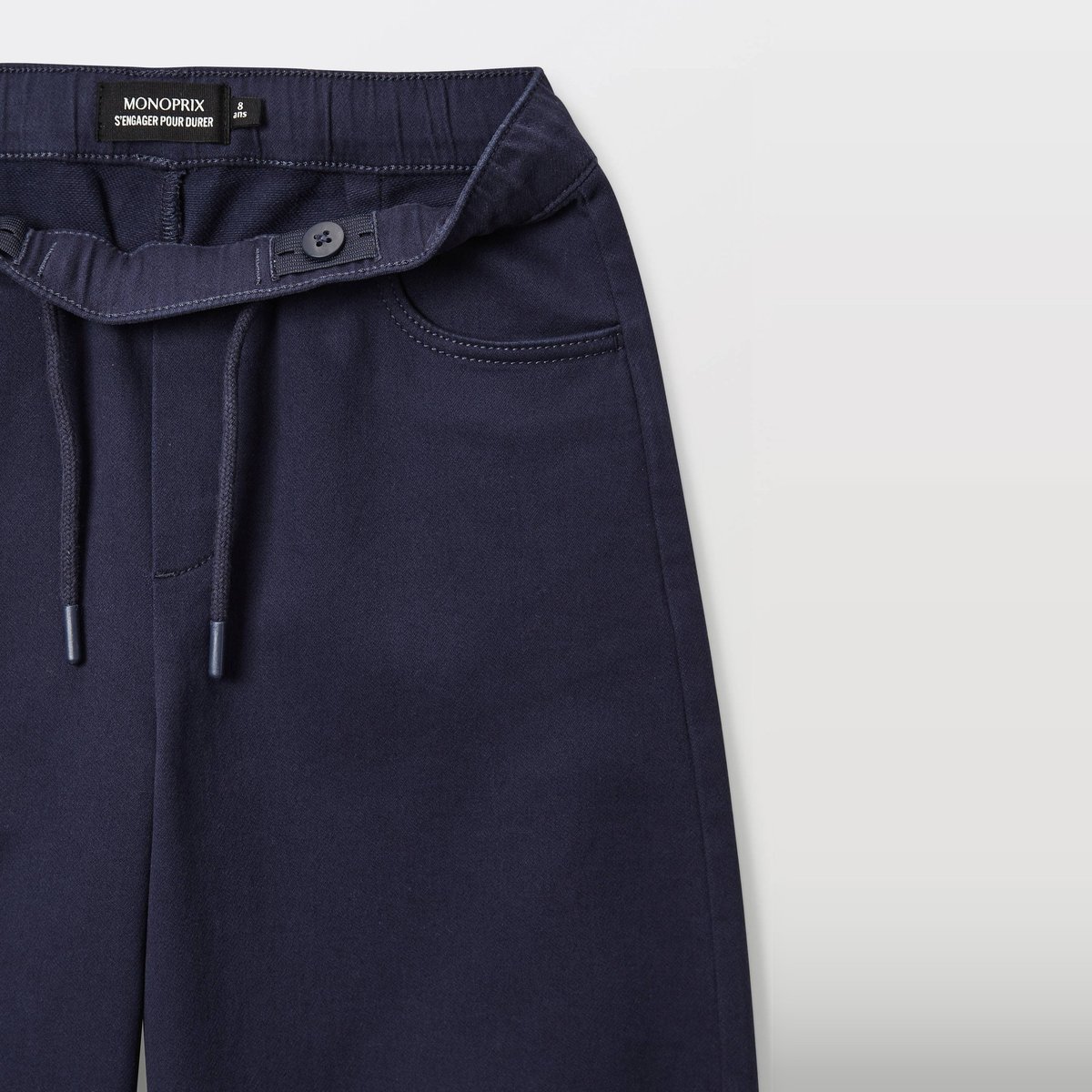 Pantalon droit élastiqué uni en coton marine, MONOPRIX
