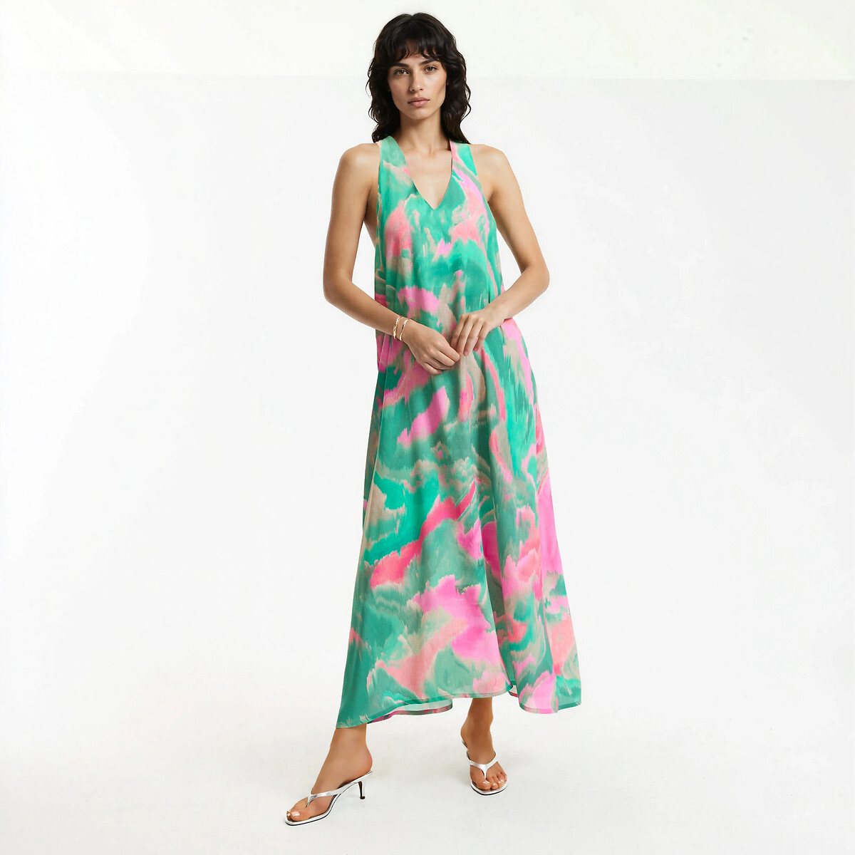 Robe longue sans manches col V imprimé graphique imprimé vert/rose, LA REDOUTE COLLECTIONS