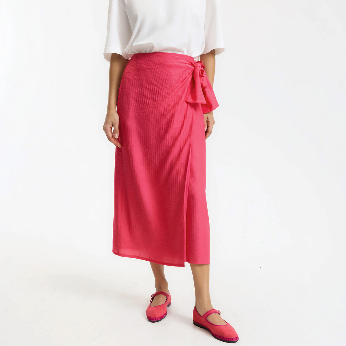 Jupe midi portefeuille à nouer rose fuchsia, LA REDOUTE COLLECTIONS