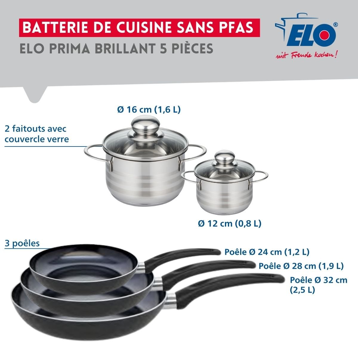Batterie 3 poêles 24/28/32cm + 2 faitouts 12/16cm PRIMA BRILLANT noir, ELO