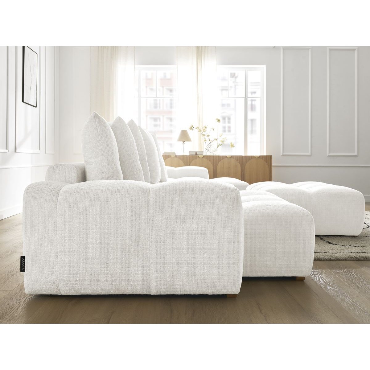 Canapé panoramique convertible 6 places en tissu texturé avec pouf, ANAKIN blanc, BOBOCHIC