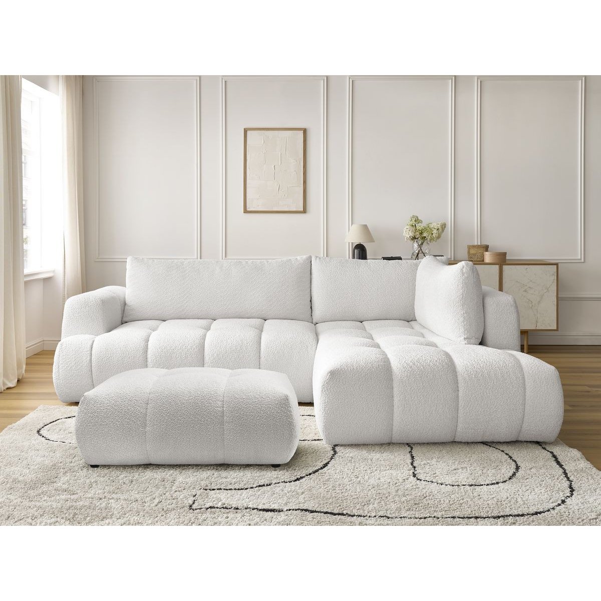 Canapé d'angle convertible 4 places en tissu bouclette avec pouf, FUJI blanc, BOBOCHIC