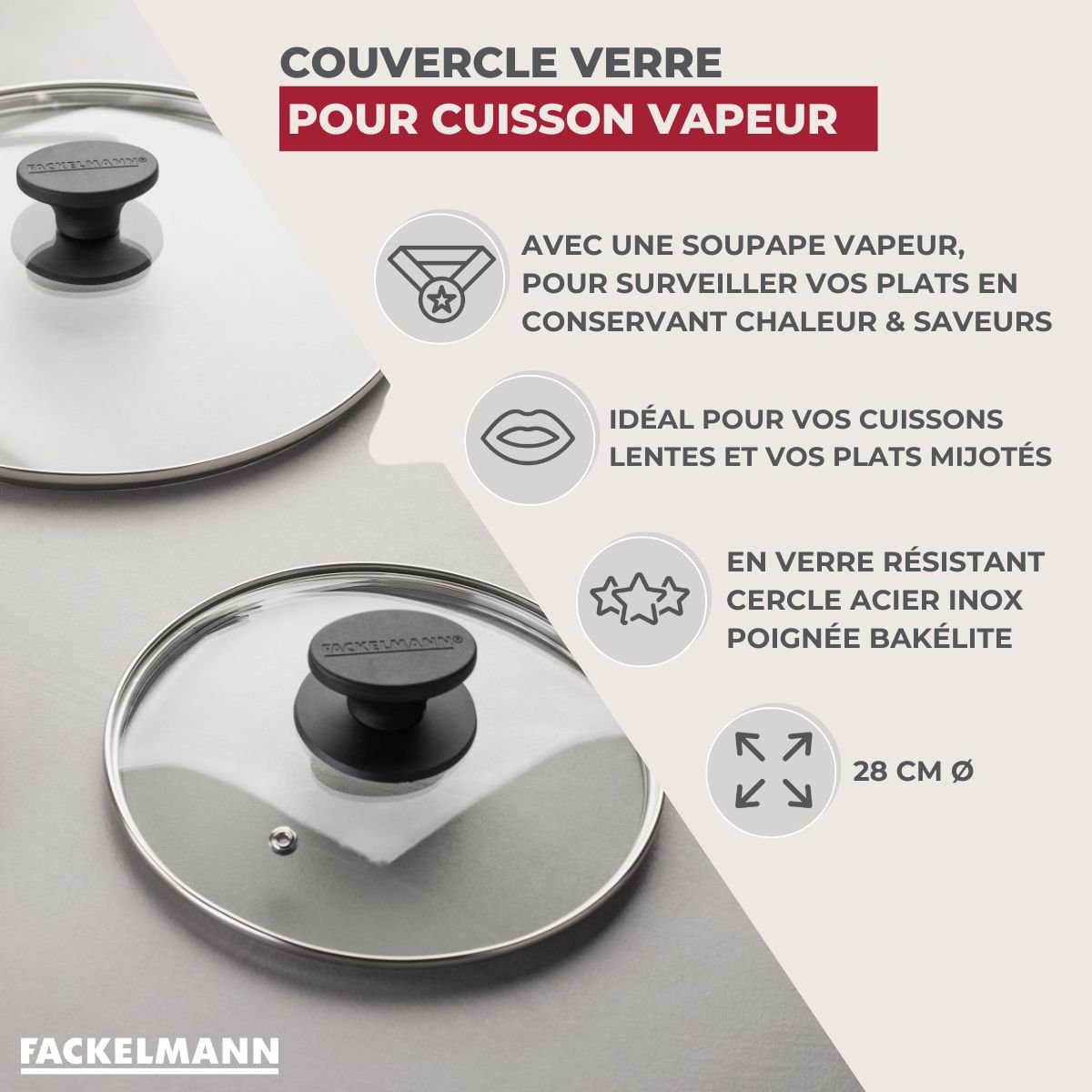 Couvercle de cuisson en verre 28 cm gris,noir,transparent, FACKELMANN