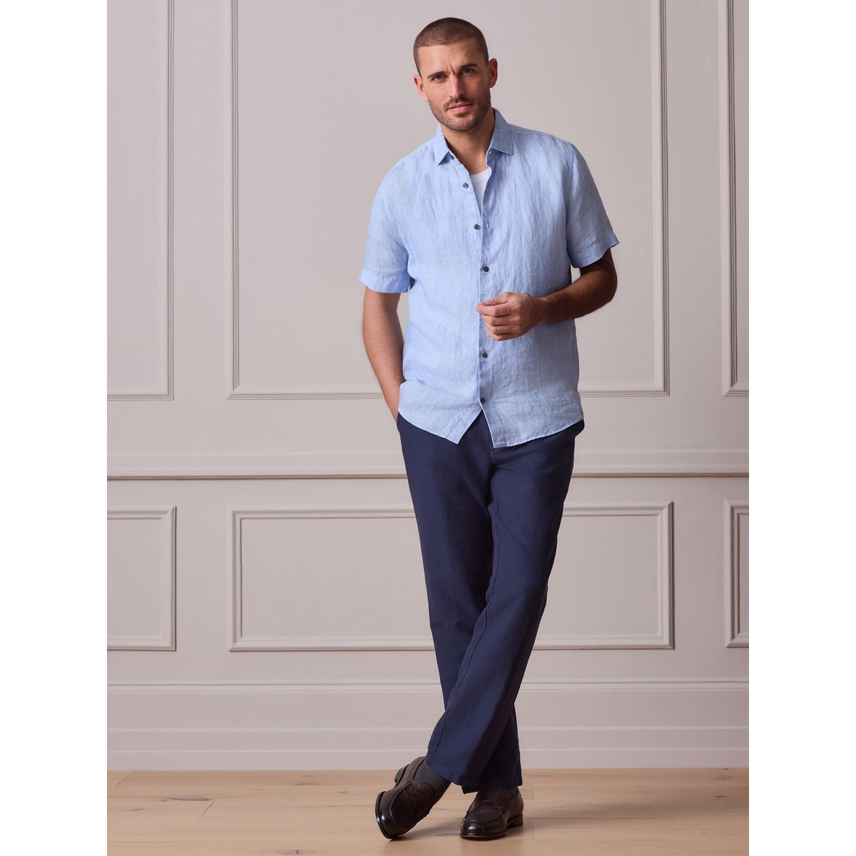 Chemise lin texturé à manches courtes Signature bleu, NEXT