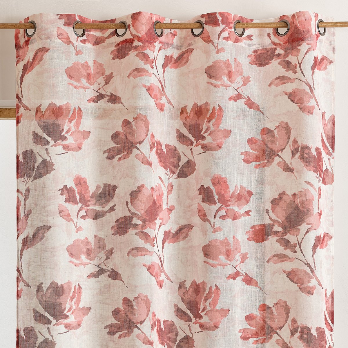 Voilage poly-lin imprimé à motif floral avec œillets - QABANE bordeaux, HOME MAISON