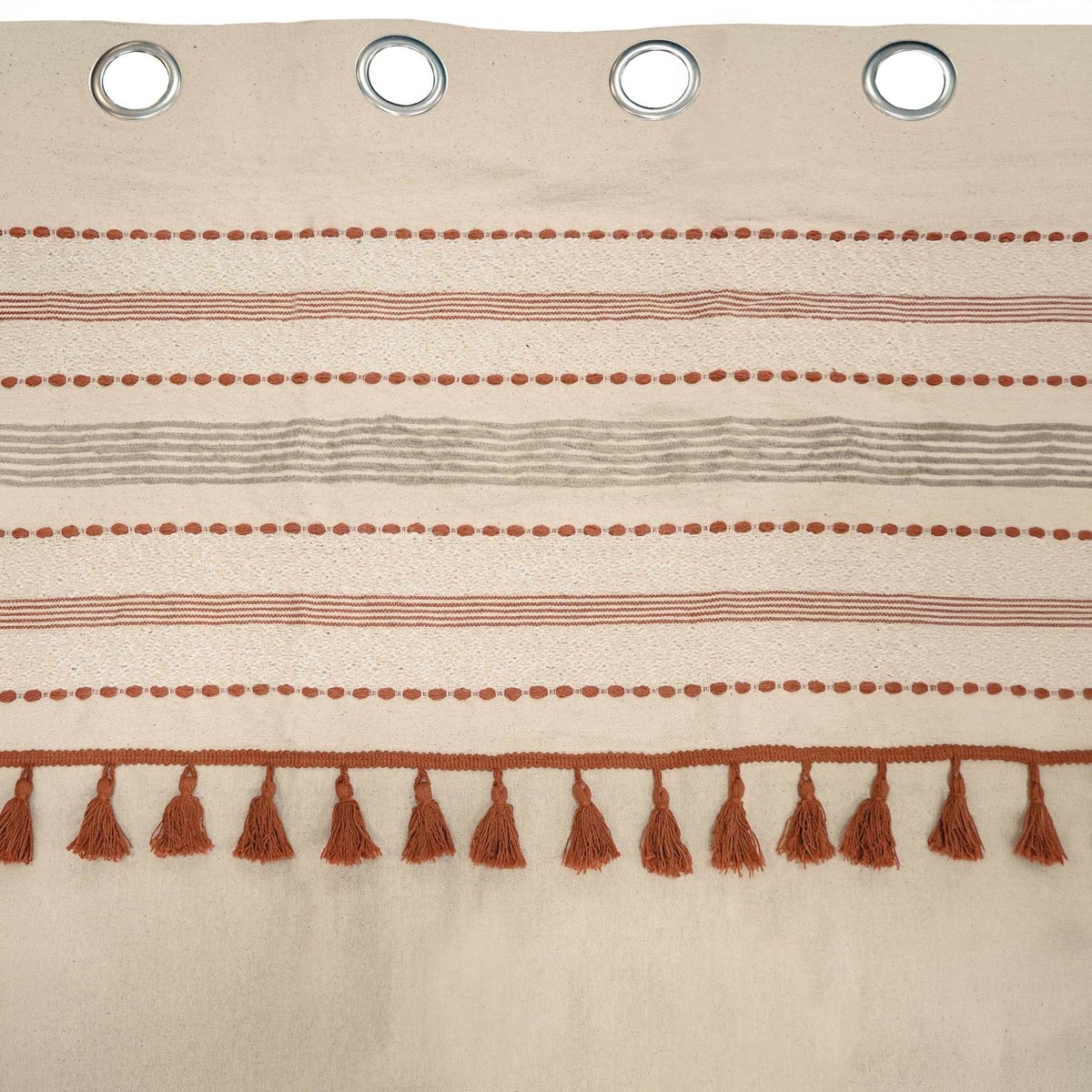 Rideau tamisant à œillets en polycoton tissé avec pompons naturel, DOUCEUR D'INTÉRIEUR