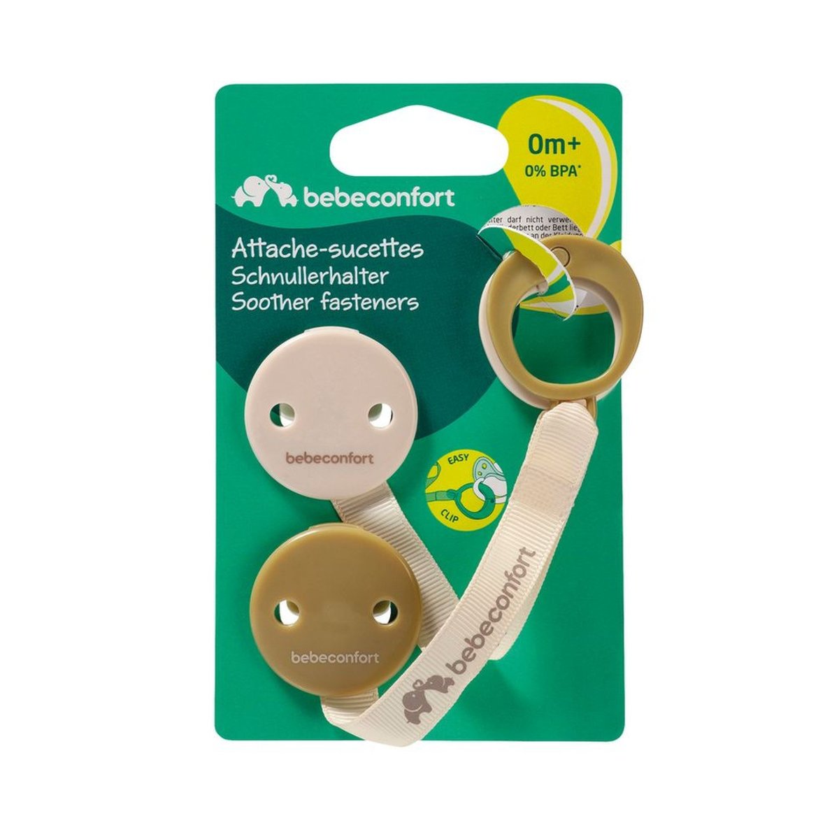 Lot de 2 attaches sucette à clip Green/Beige couleur unique, BEBECONFORT