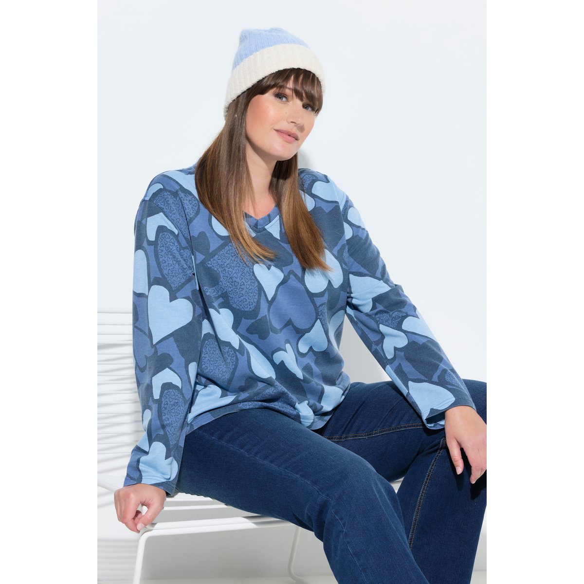 Sweat-shirt coupe évasée, motif cœurs bleu atlantique, ULLA POPKEN