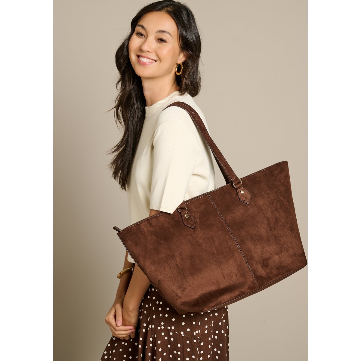 Sac shopper effet suédine brown coffee, LOLALIZA