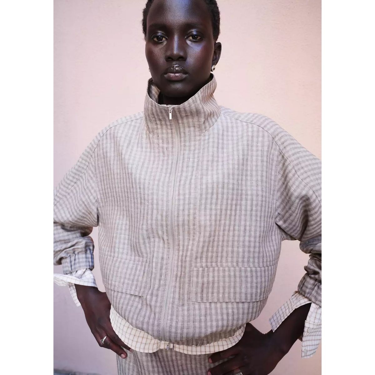 Veste bomber carreaux gris clair/pastel, MANGO