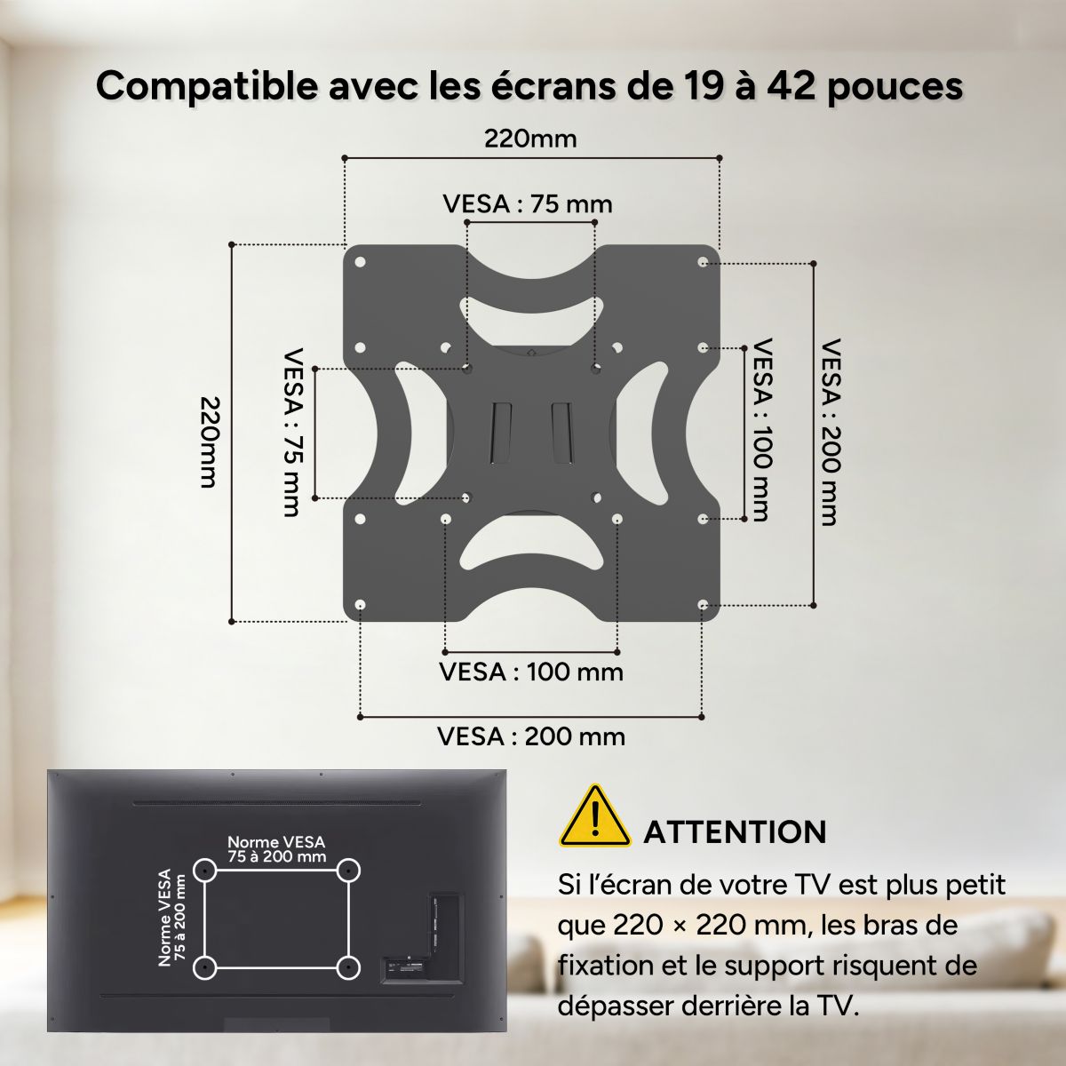 Pied TV télé fixe 19''-42'' couleur unique, LISTO