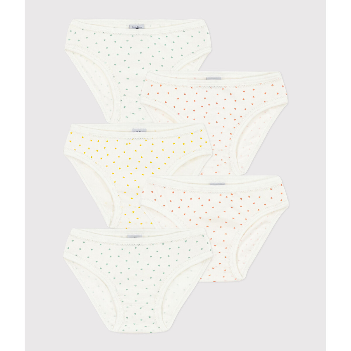 Lot de 5 culottes imprimées coeurs blanc, PETIT BATEAU