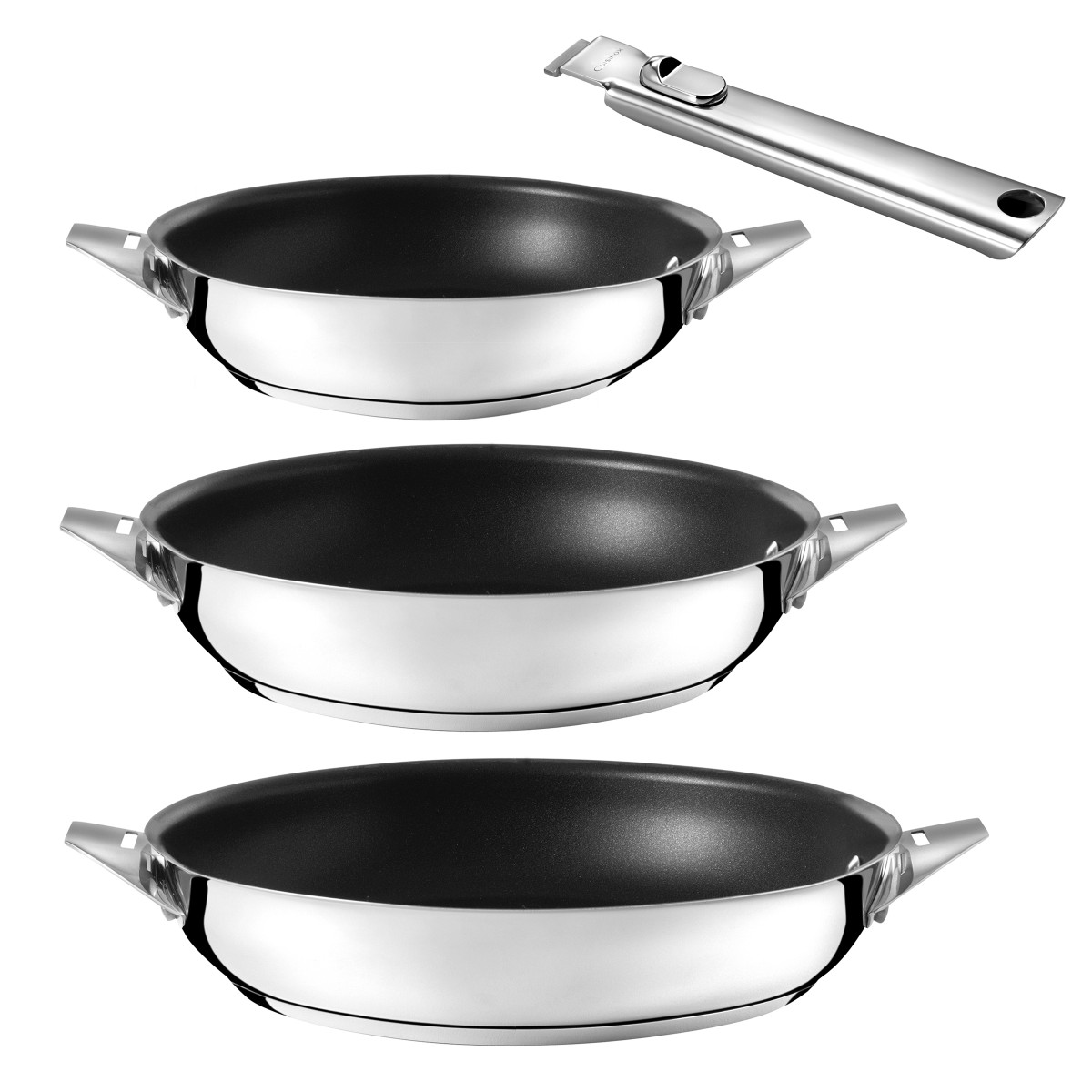 Lot de 3 poêles 20-24-28cm revêtement céramique et poignée amovible inox - ECLIPSE inox, CUISINOX