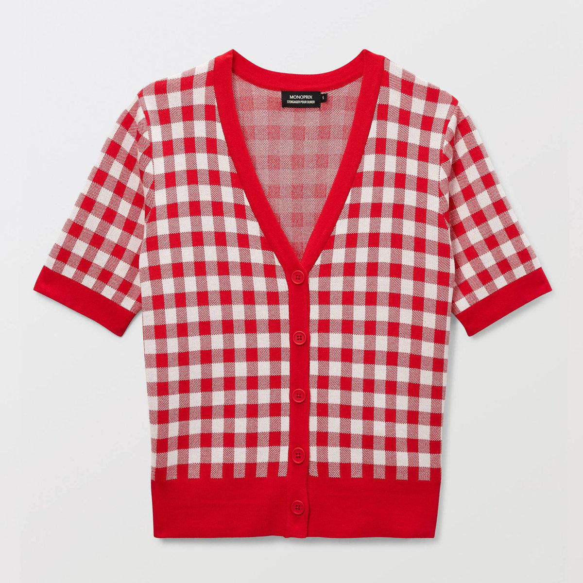 Cardigan manches courtes motif vichy rouge, MONOPRIX