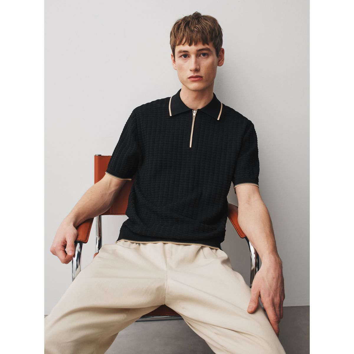 Polo à col zippé en maille gaufrée n. premium noir, NEXT