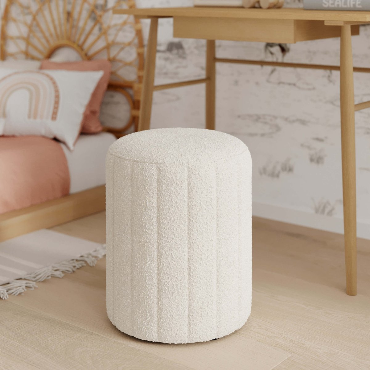 Pouf rond en tissu bouclé - EVA blanc, MAISON PAVANE