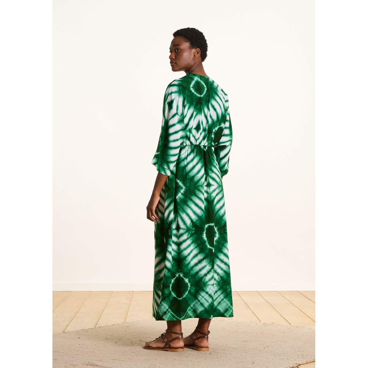 Robe longue manches 3/4 à imprimé vert, LA FEE MARABOUTEE