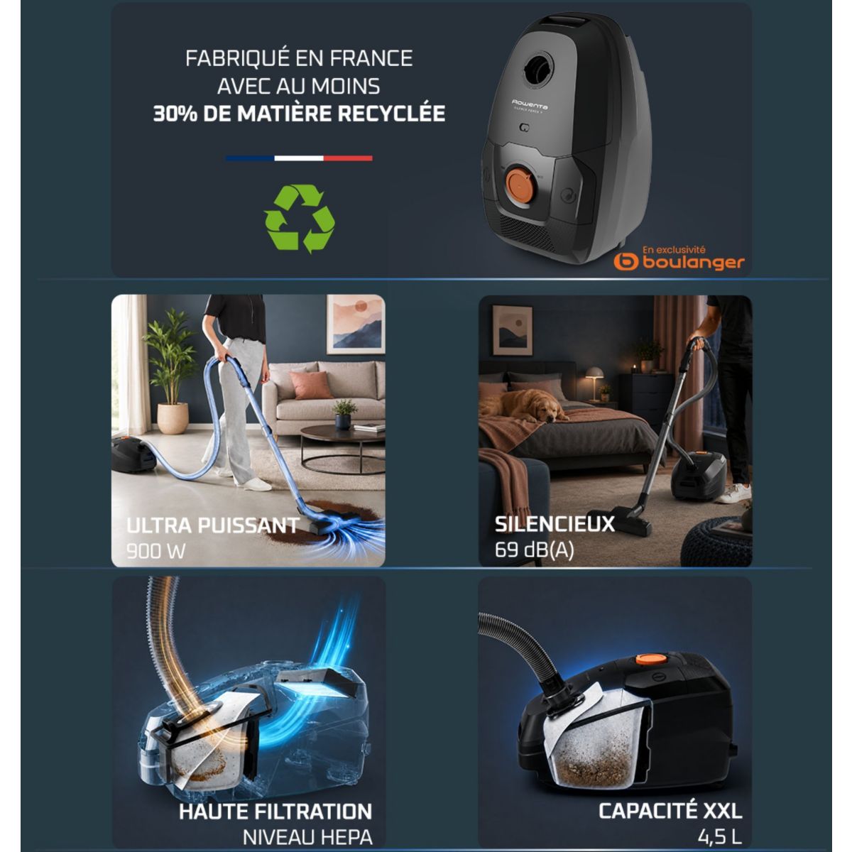 Aspirateur avec sac Silence Force 7 RO4934E0 - éco-conçu - 900W - 69 dB - filtre HEPA - fabriqué en France couleur unique, ROWENTA