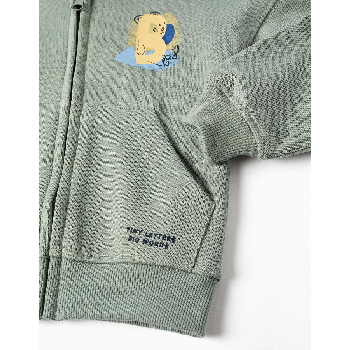 Sweat zippé en coton avec capuche et imprimé ours vert, ZIPPY