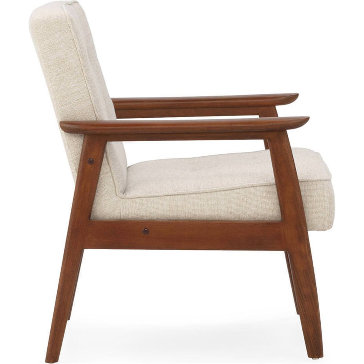 Fauteuil rétro en bois de hêtre et tissu noyer et beige, RECOLLECTION