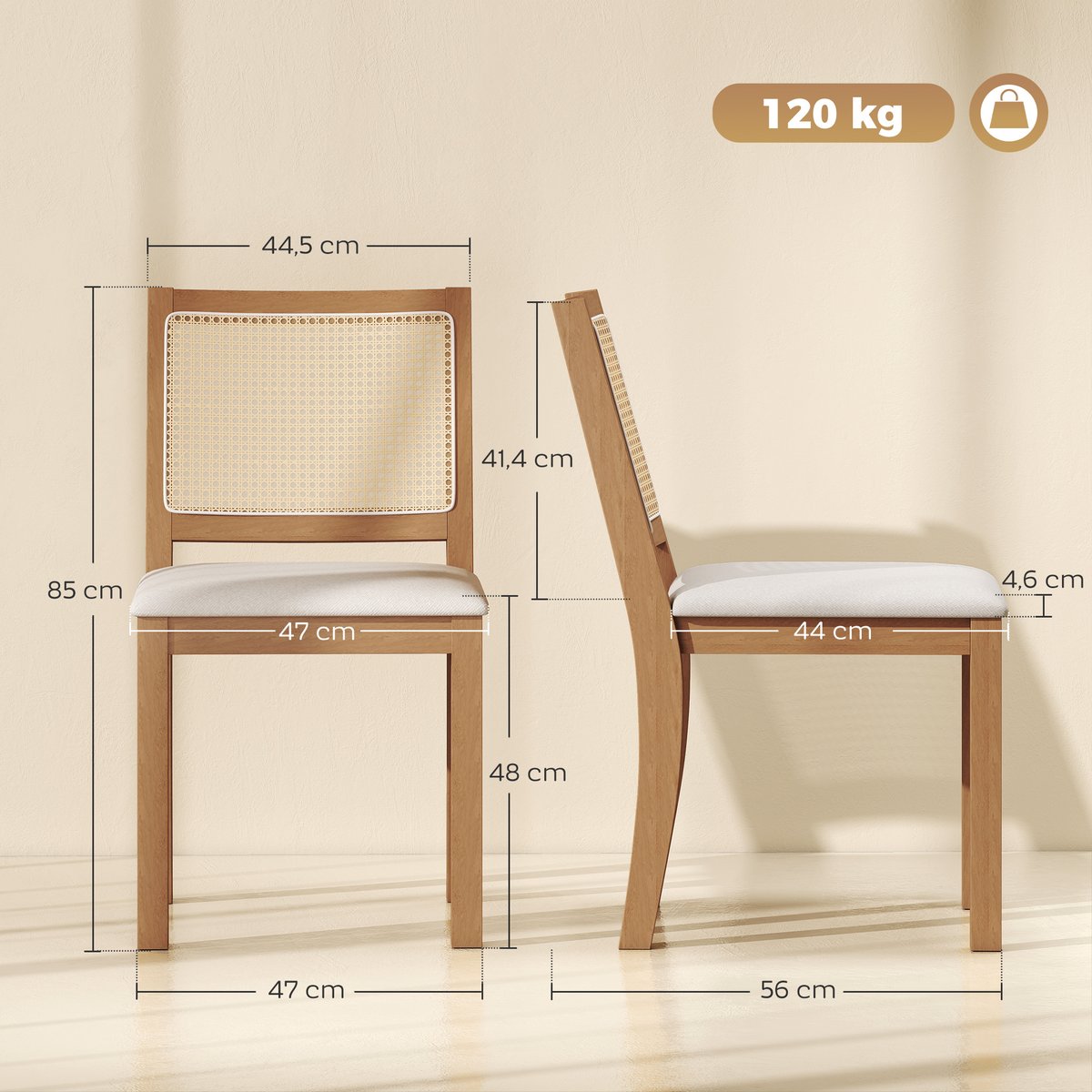 Chaise de salle à manger Bois d'hévéa Crème crème, chêne, HOMCOM