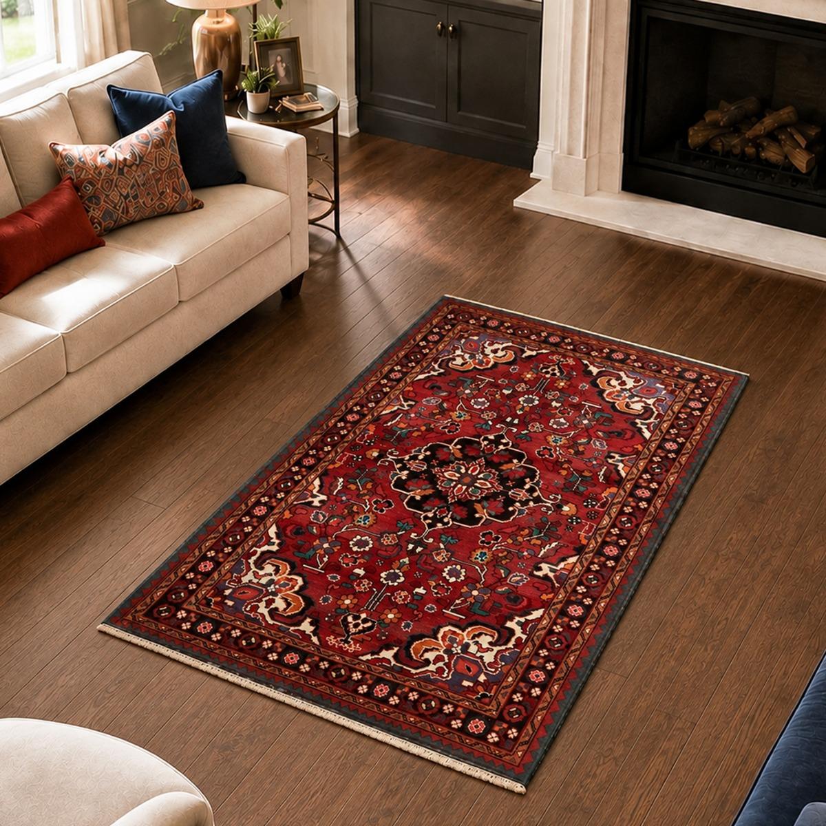Tapis d'orient, motif oriental noué main en laine, HAMADAN 9 rouge, bleu, noir, UN AMOUR DE TAPIS
