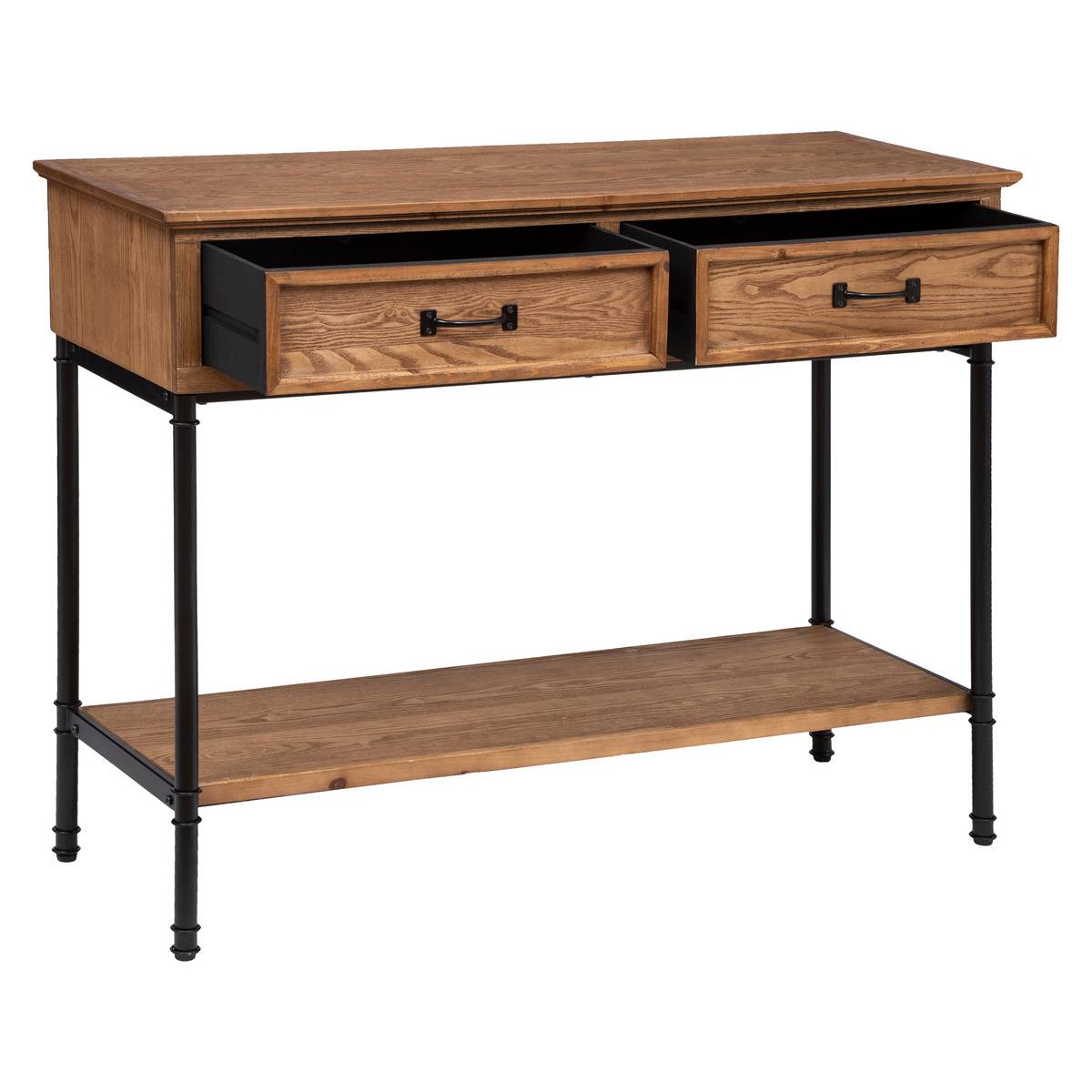 Console 2 tiroirs en bois sapin piètement fer DANIK marron, ATMOSPHERA