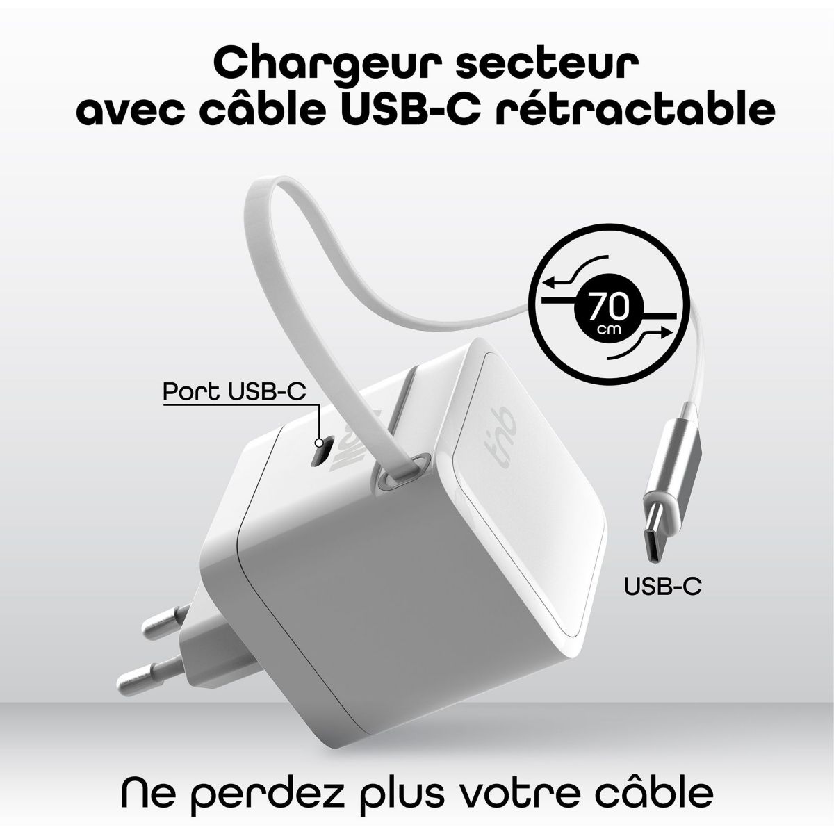 Chargeur + câble GAN USB-C charge rapide + cable 70cm couleur unique, TNB