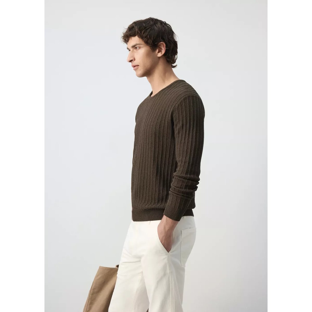 Pull en mélange de coton et lin côtelé marron, MANGO MAN
