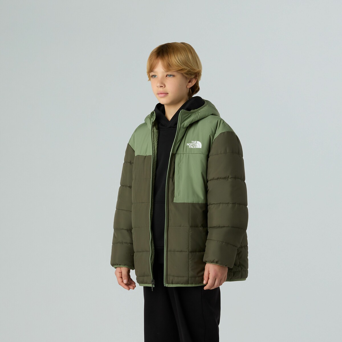 Manteau réversible, coté sherpa, coté doudoune kaki, THE NORTH FACE