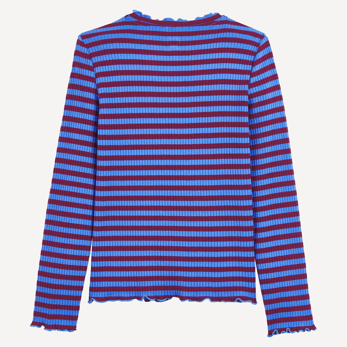 Striped Ribbed Ruffled Collar Long Sleeve T-Shirt burgundy/blue, LA REDOUTE COLLECTIONS