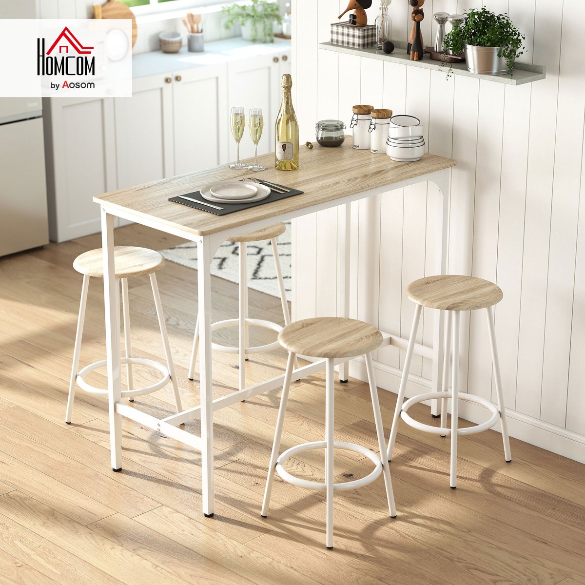 Ensemble de table de bar Métal effet bois naturel, blanc, HOMCOM