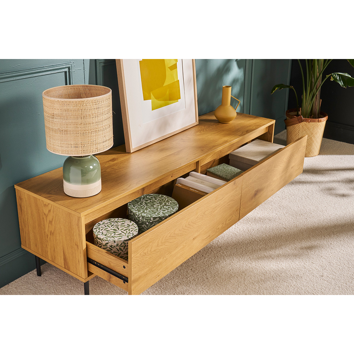 Meuble TV finition bois clair chêne 2 tiroirs L160 cm ARAGON chêne clair, MILIBOO