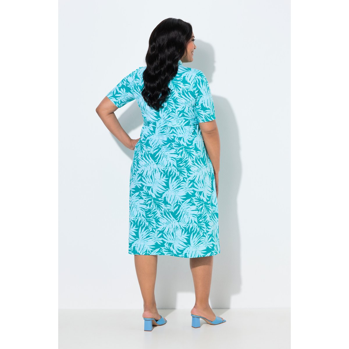 Robe midi motif feuilles bleu turquoise, ULLA POPKEN
