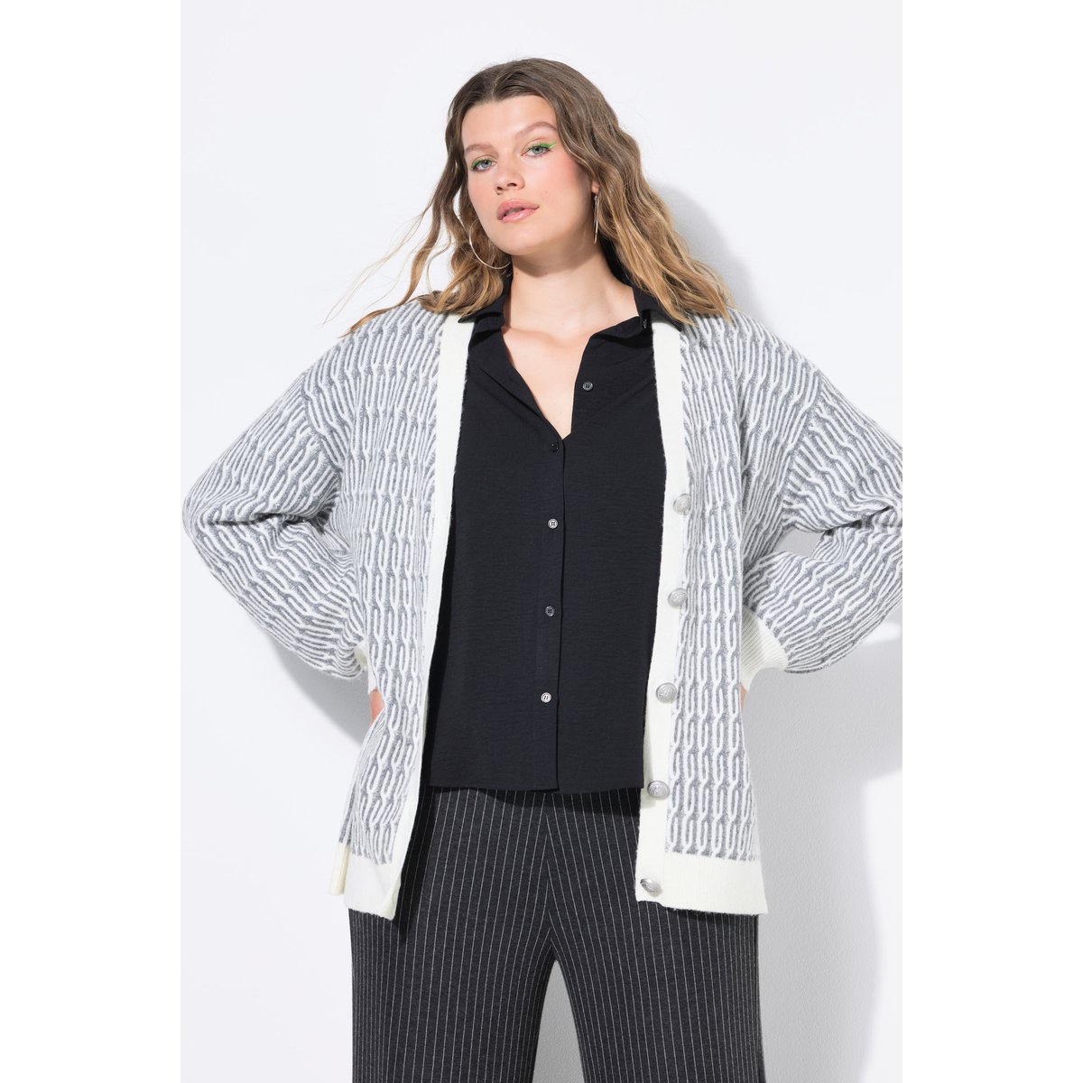 Cardigan oversize, maille torsadée gris chiné, STUDIO UNTOLD