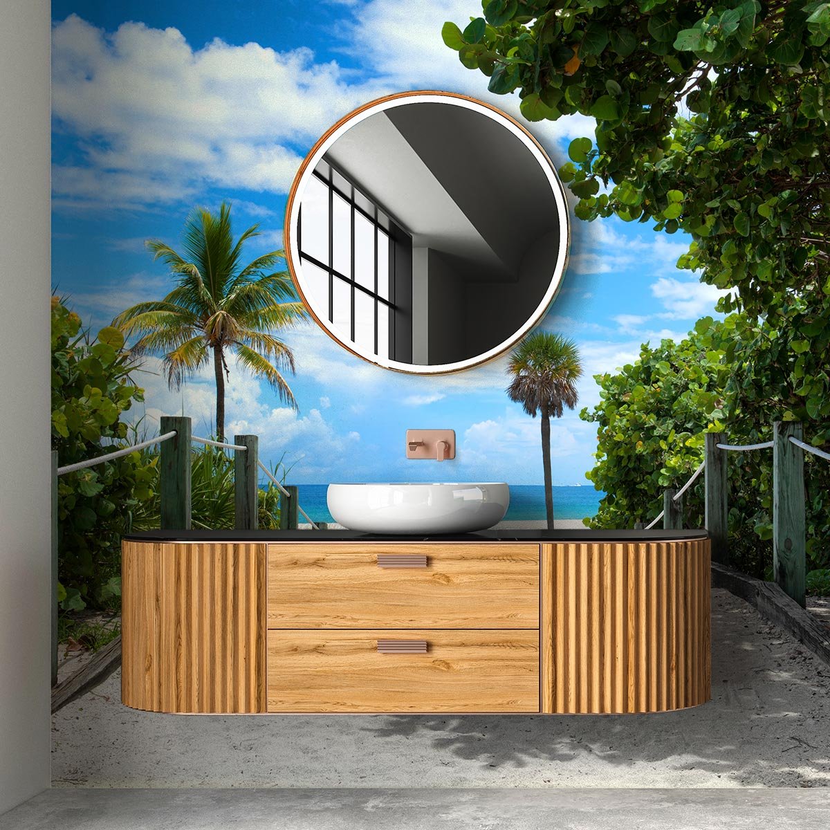 Papier peint panoramique sable blanc et cocotier intissé, HEXOA