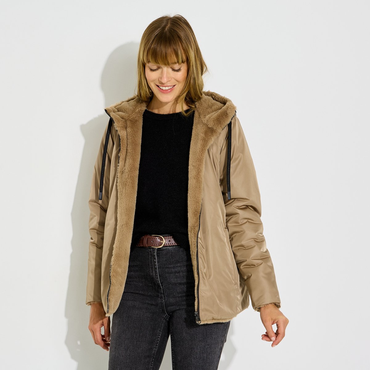 Manteau chaud réversible à capuche beige, GRAIN DE MALICE