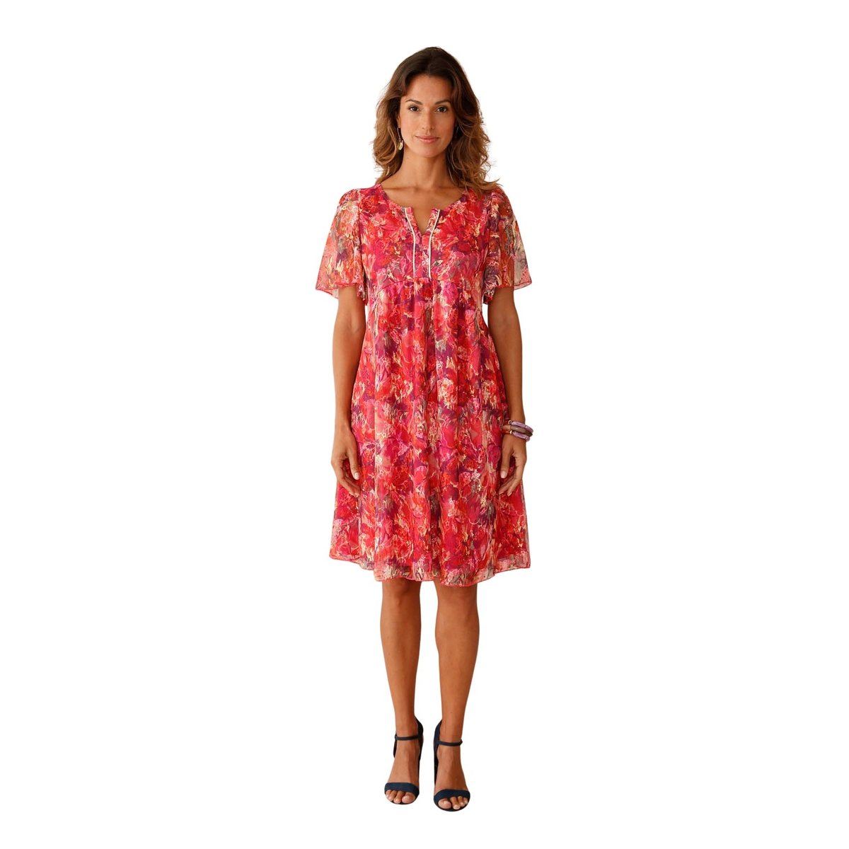 Robe dentelle manches volantées imprimé bleu, DAXON