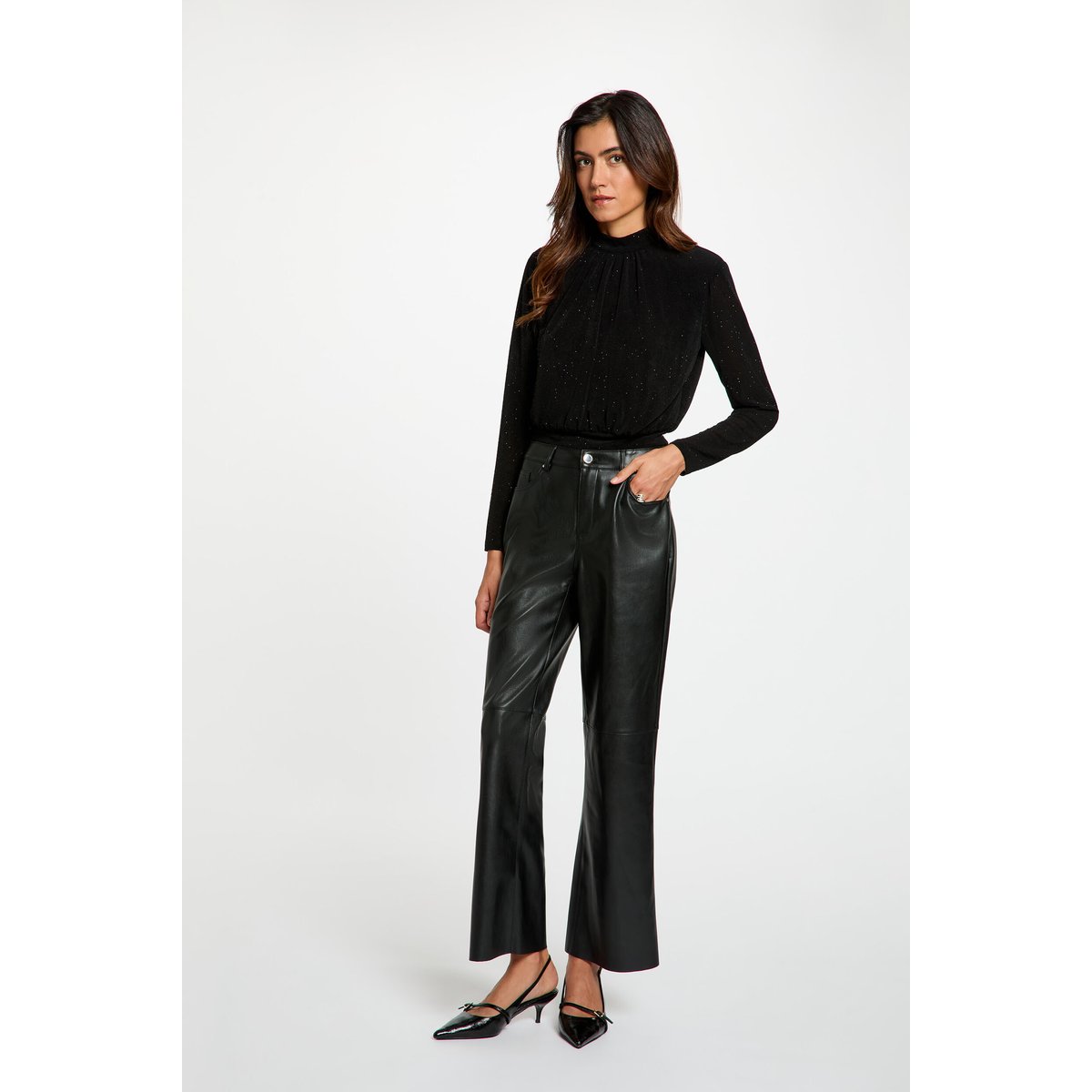 T-shirt col montant strass noir, MORGAN