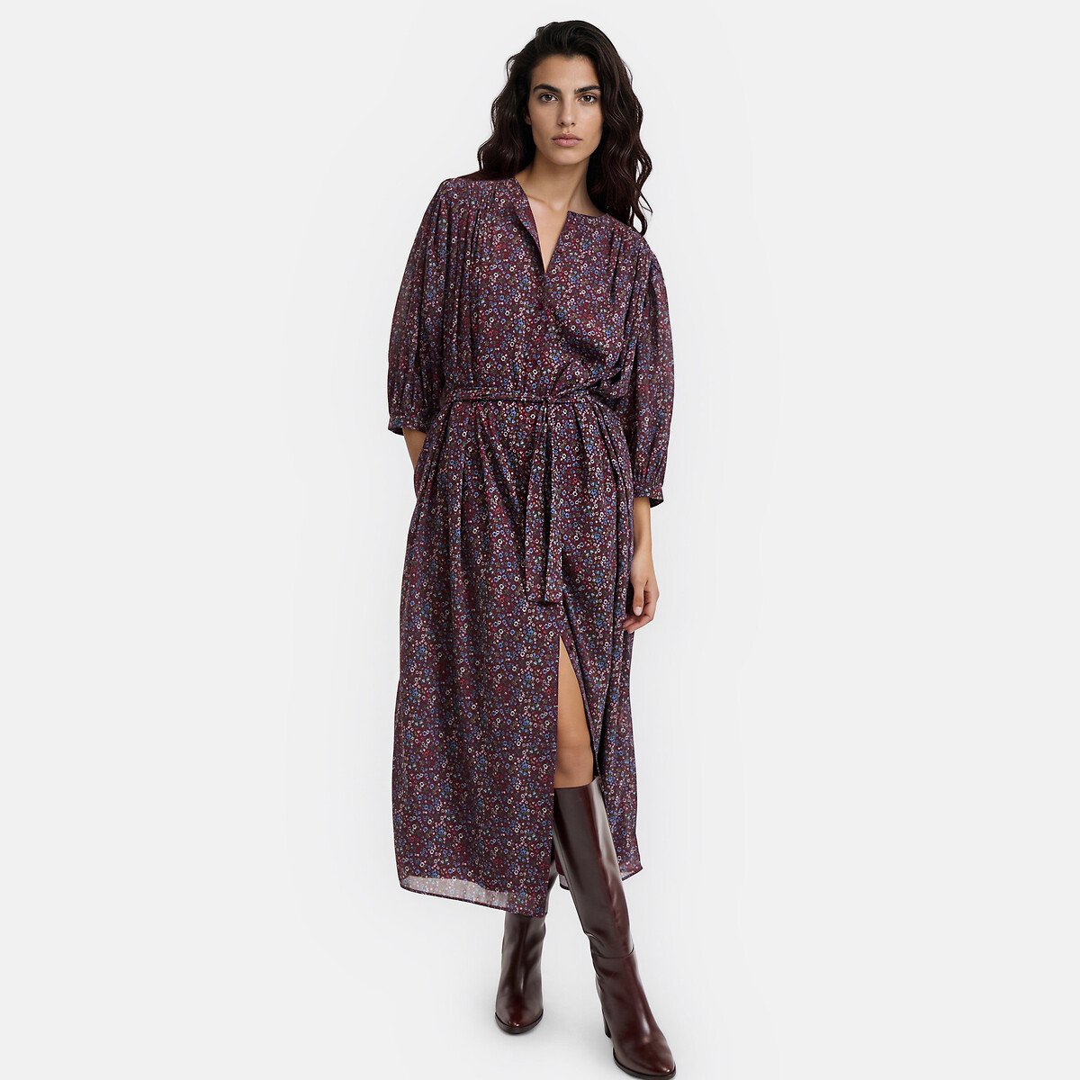 Langes Kleid mit Blumenmuster, 3/4-Ärmeln und Rundhalsausschnitt bordeauxrot geblümt, LA REDOUTE COLLECTIONS