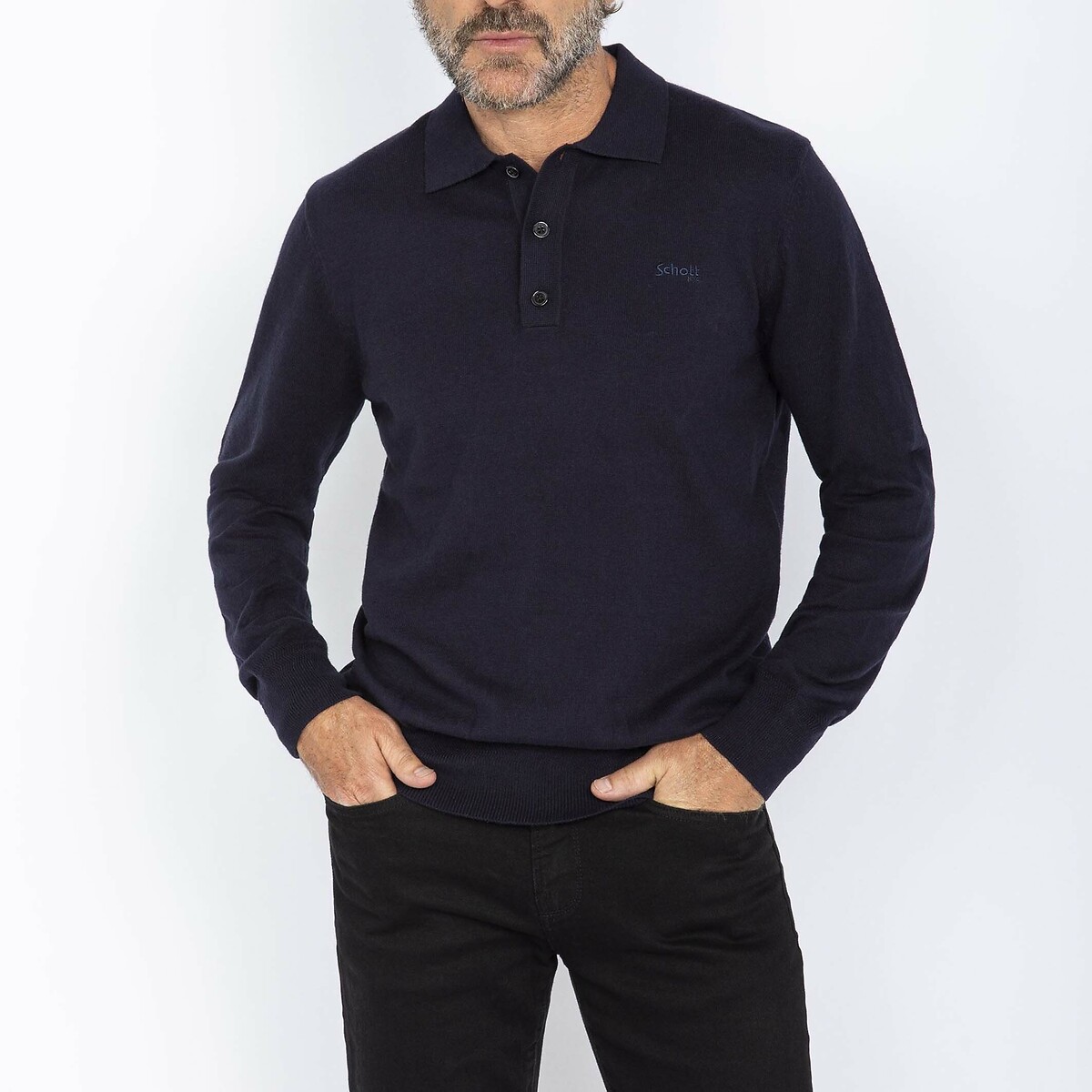 Trui met hemdskraag en knoopsluiting marineblauw, SCHOTT