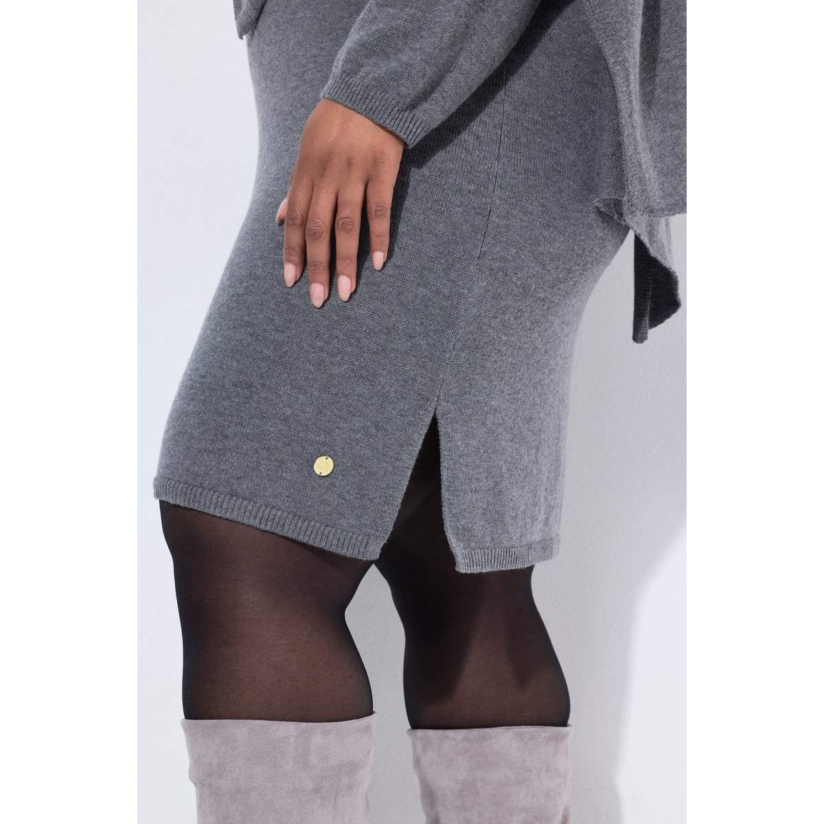 Robe en maille à col V et manches longues chiné gris moyen, ULLA POPKEN