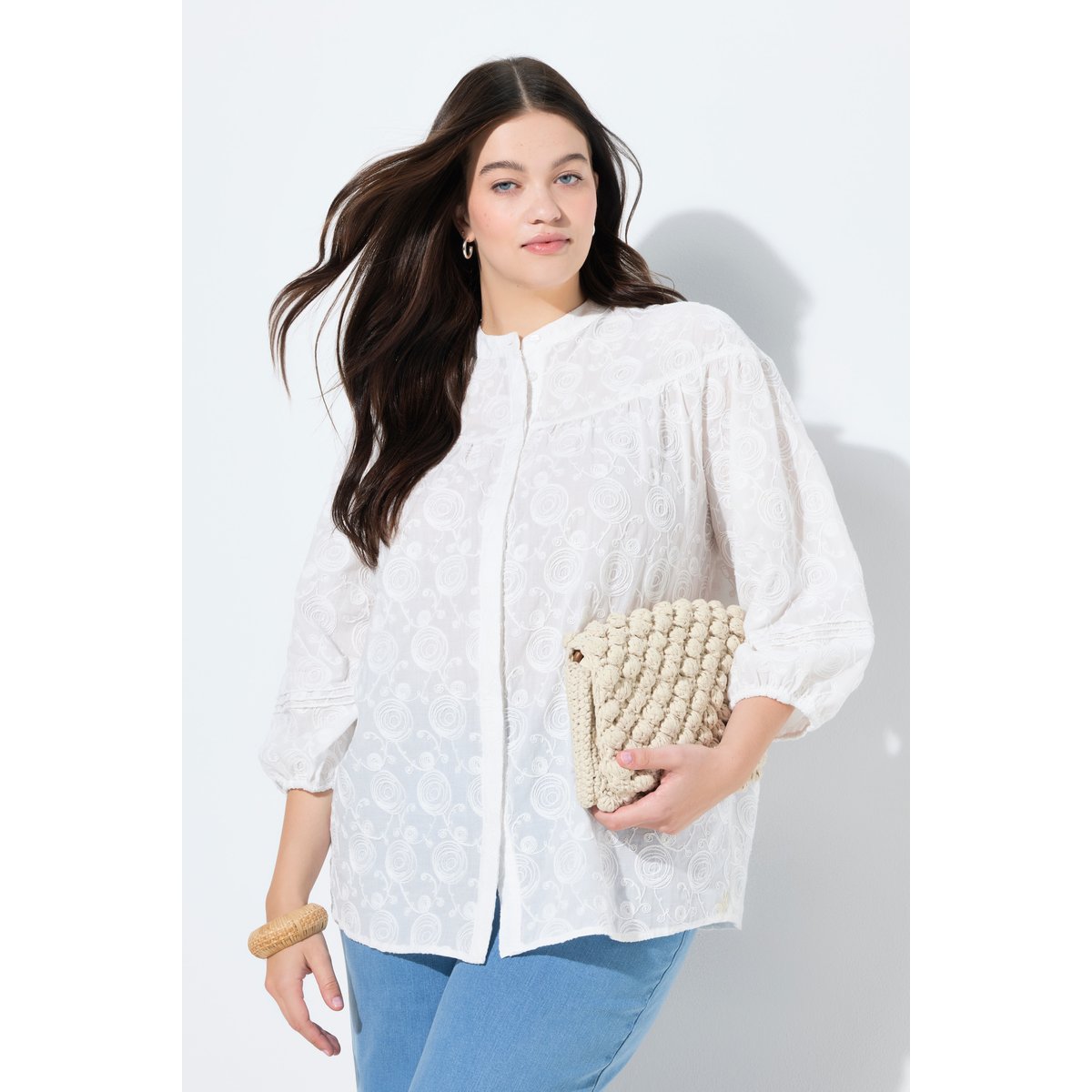 Chemisier en coton bio avec broderies blanc cassé, ULLA POPKEN