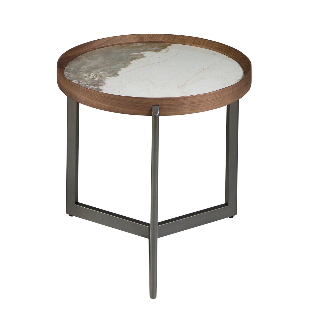 Table basse ronde en marbre porcelaine, noyer et acier métallique foncé blanc | acier foncé | noyer, ANGEL CERDA
