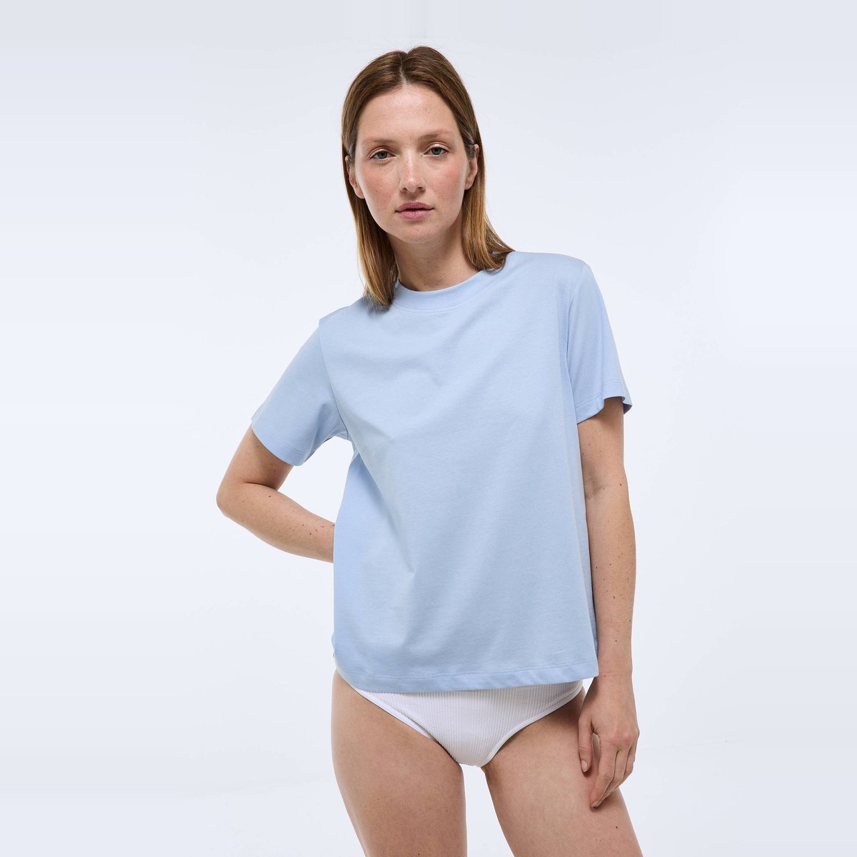 T-shirt col rond uni en coton bio GOTS celeste, MONOPRIX